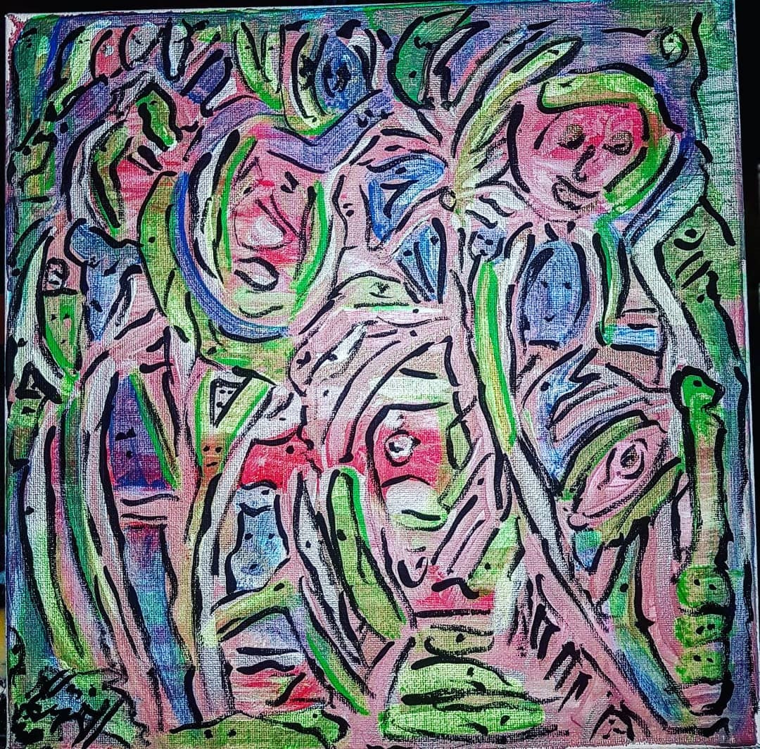 Neo-expressionist style abstract painting with bold silhouettes