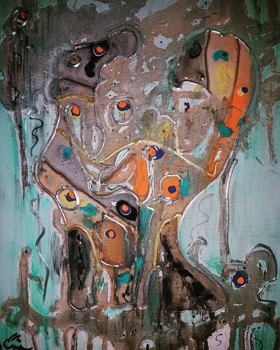 Contemporary abstract painting with emerald green tones