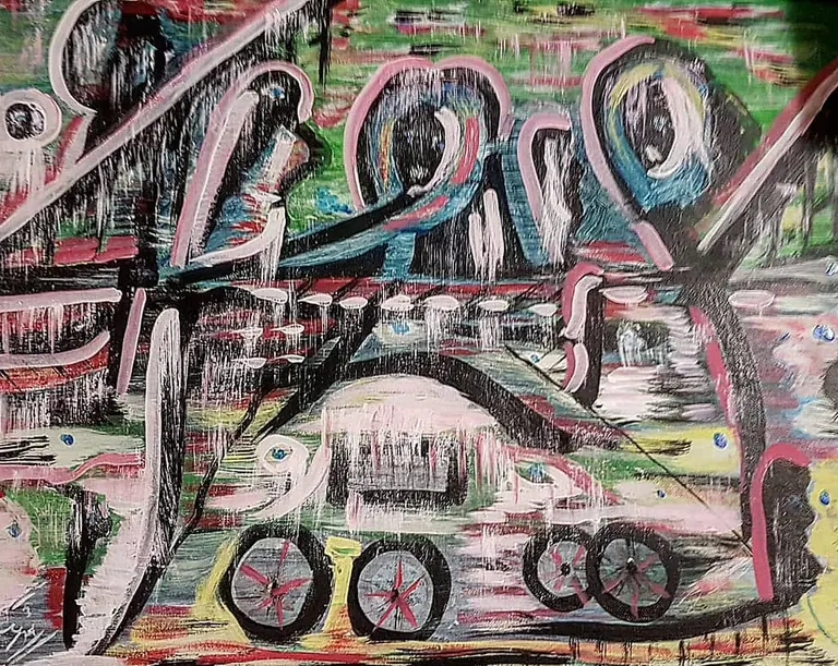 Chaos in Coral, a painting by Jamal
