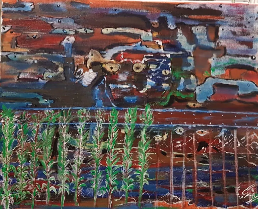 Chaos in Crimson, a painting by Jamal