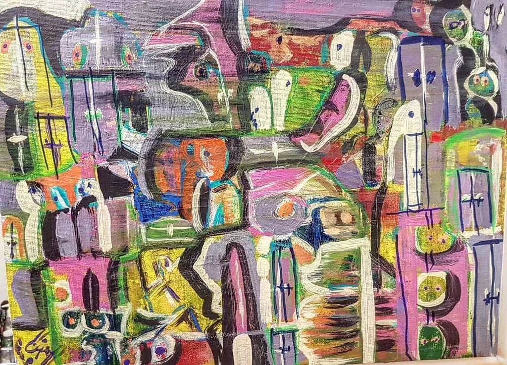 Gathering at Dusk, a painting by Jamal