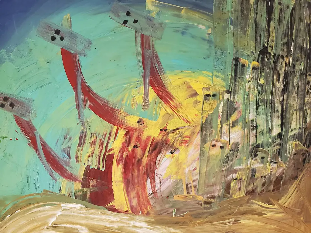 Crimson Oasis, a painting by Jamal