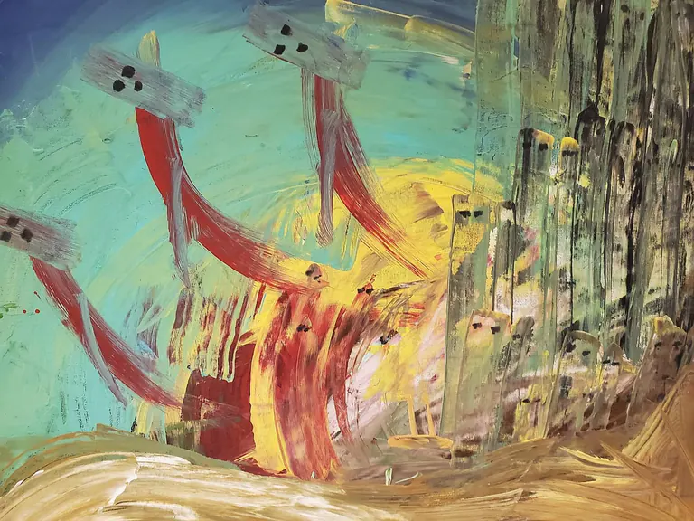 Crimson Oasis, a painting by Jamal